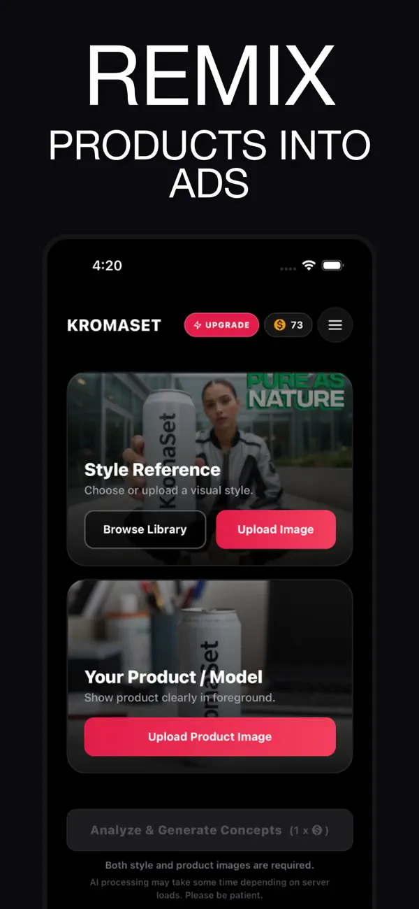KromaSet app home screen showing the Ad Variant Engine interface on iPhone